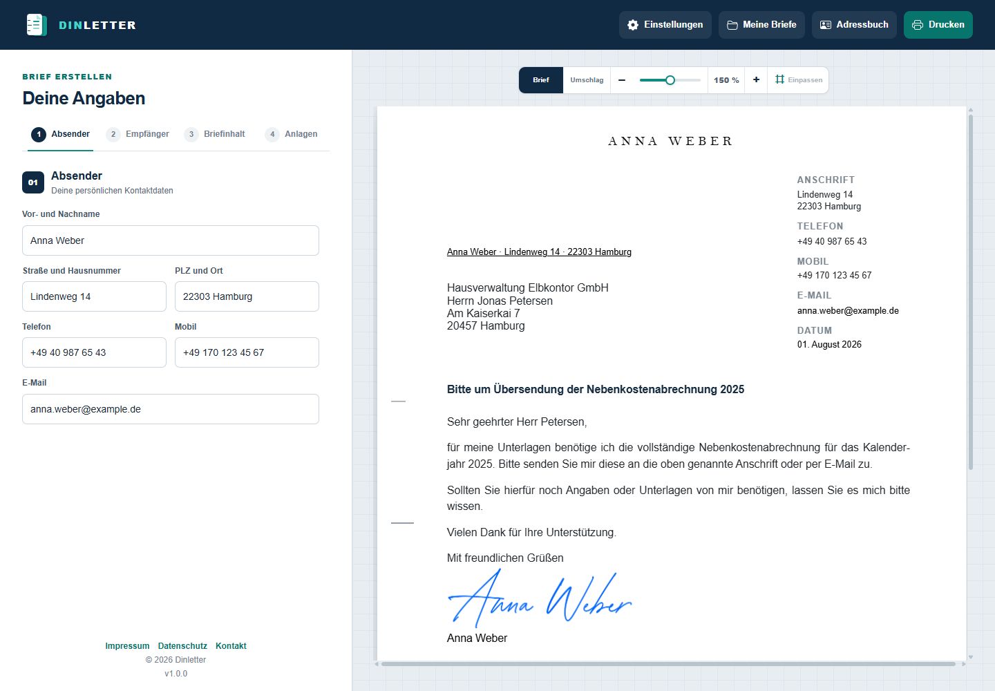 Dinletter-Editor auf dem Desktop mit Eingabeformular links und fertiger Briefvorschau rechts