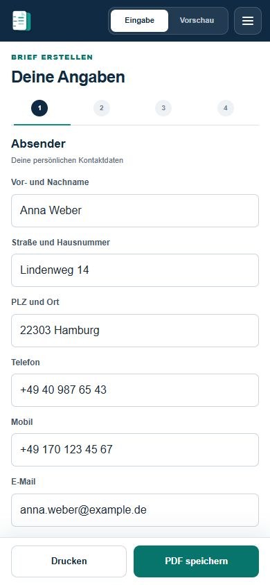 Dinletter-Editor auf einem Smartphone mit übersichtlich angeordneten Briefdaten